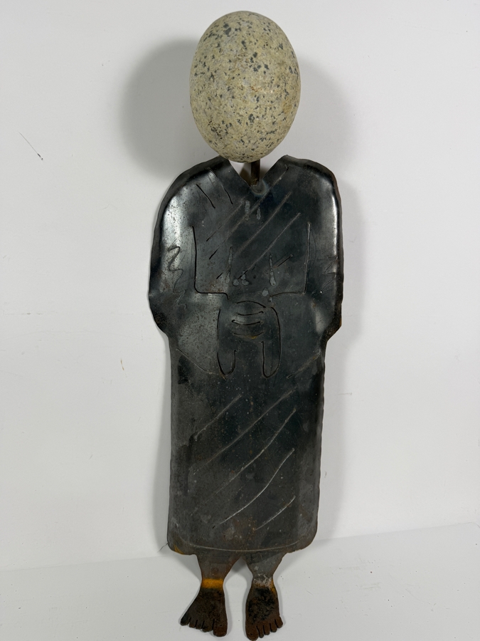 Contemporary Cut Sheet Metal Mixed Media Figural Sculpture With Natural Granite Stone Head 23.5H [Photo 3]