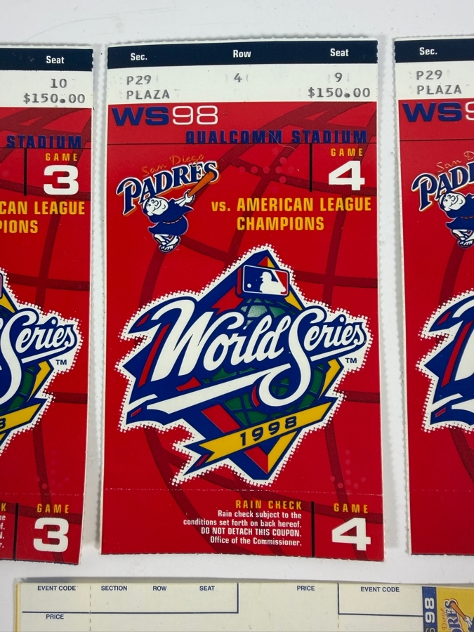 (3) 1998 World Series Tickets San Diego Padres vs. American League Champions [Photo 3]