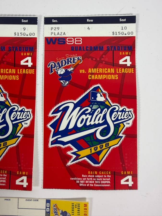 (3) 1998 World Series Tickets San Diego Padres vs. American League Champions [Photo 4]