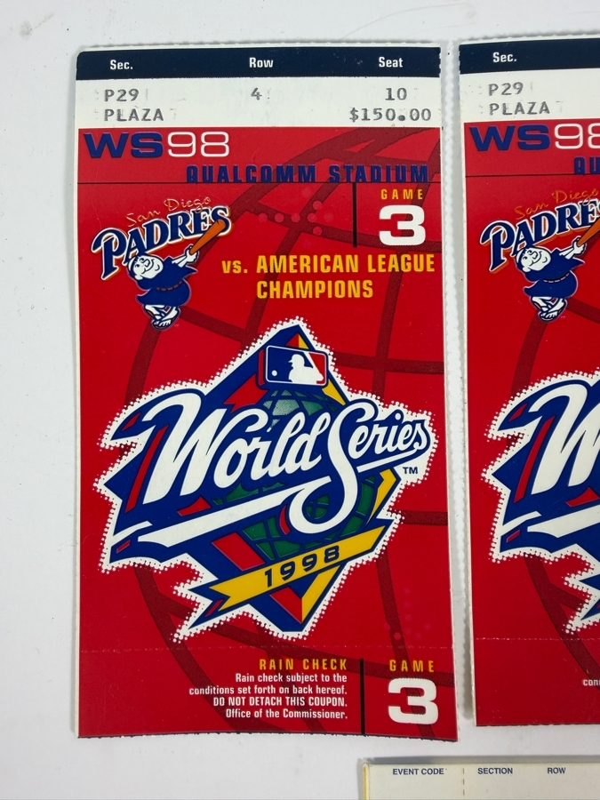 (3) 1998 World Series Tickets San Diego Padres vs. American League Champions [Photo 2]