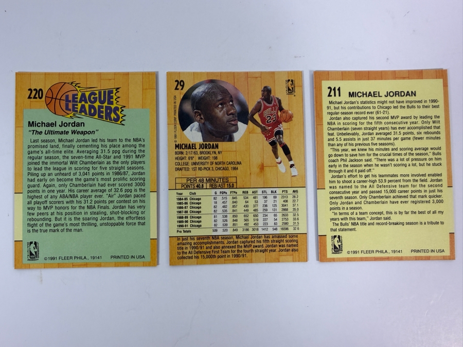 (3) 1991–92 Fleer Michael Jordan Basketball Cards #29, #211 and #220 [Photo 5]