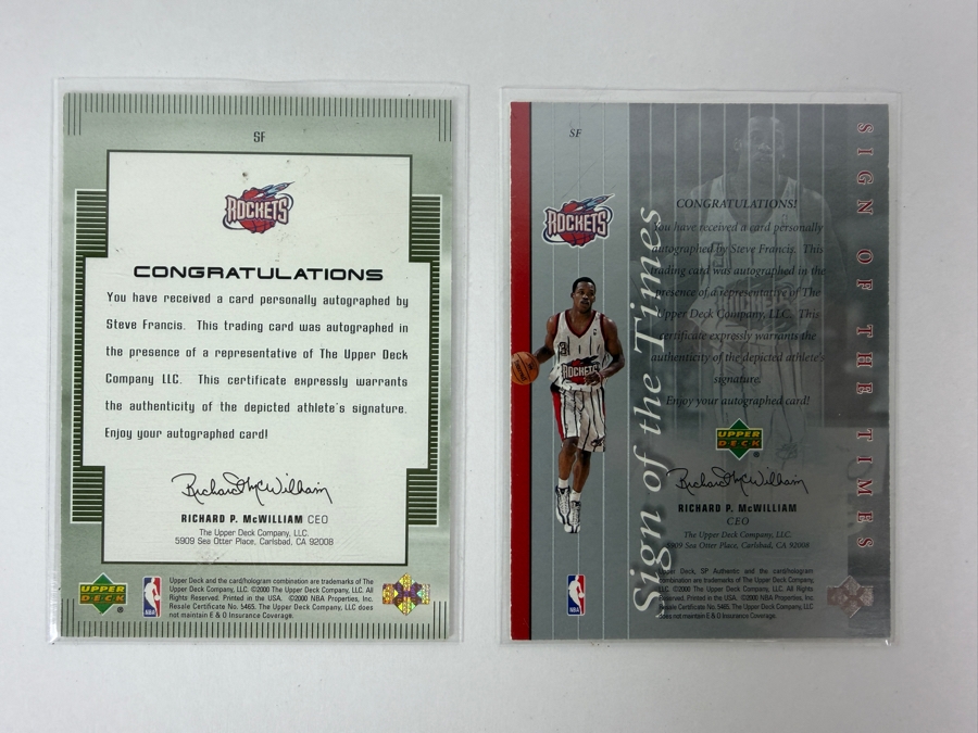 1999-00 Upper Deck Gold Reserve UD Authentics Autographed Steve Francis Rookie Card and 1999-00 SP Authentic Sign of the Times Steve Francis Rookie Autographed Basketball Card [Photo 2]