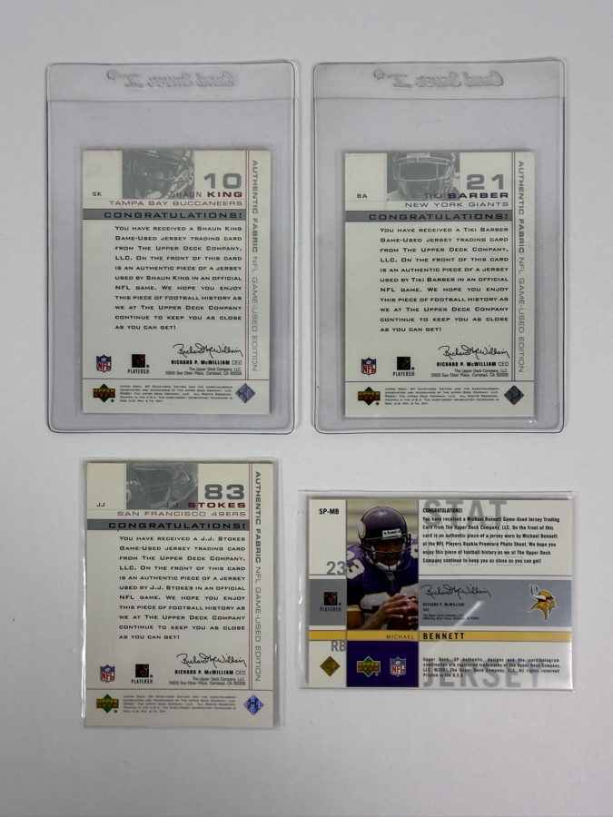 2001 SP Game Used Edition Authentic Fabric NFL Trading Cards: Shaun King #SK, Tiki Barber, J.J. Stokes and Michael Bennett [Photo 6]