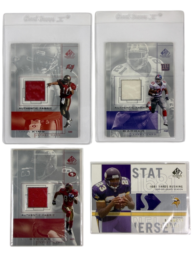 2001 SP Game Used Edition Authentic Fabric NFL Trading Cards: Shaun King #SK, Tiki Barber, J.J. Stokes and Michael Bennett