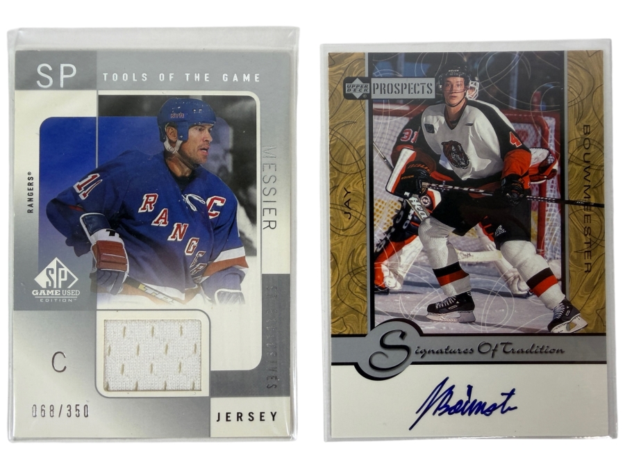 2000-01 SP Game Used Edition Tools of the Game Mark Messier NHL Limited Edition Trading Card and 1999-00 Upper Deck Prospects 'Signatures of Tradition' Autographed Jay Bouwmeester Rookie Card