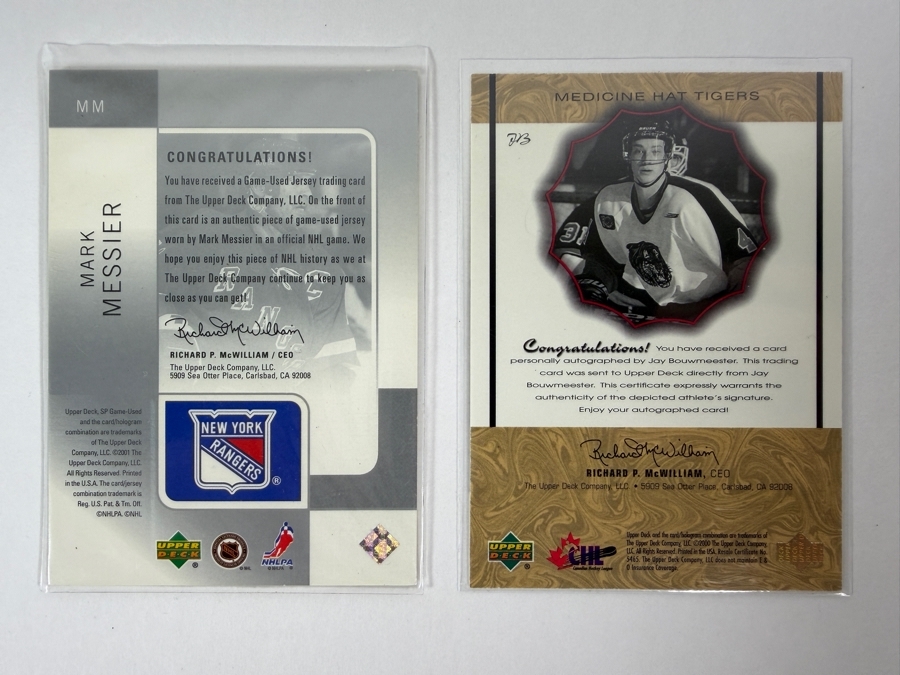 2000-01 SP Game Used Edition Tools of the Game Mark Messier NHL Limited Edition Trading Card and 1999-00 Upper Deck Prospects 'Signatures of Tradition' Autographed Jay Bouwmeester Rookie Card [Photo 2]
