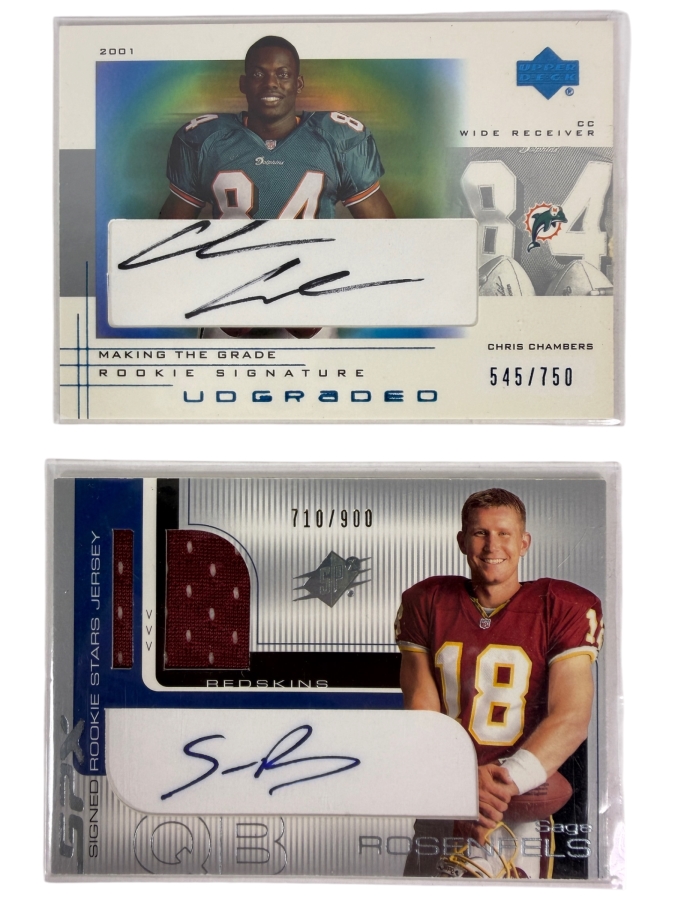 2001 Upper Deck UD Graded Chris Chambers Rookie Signature Limited Edition Trading Card and 2001 SPx Signed Rookie Stars Sage Rosenfels Limited Edition Jersey Autograph Card