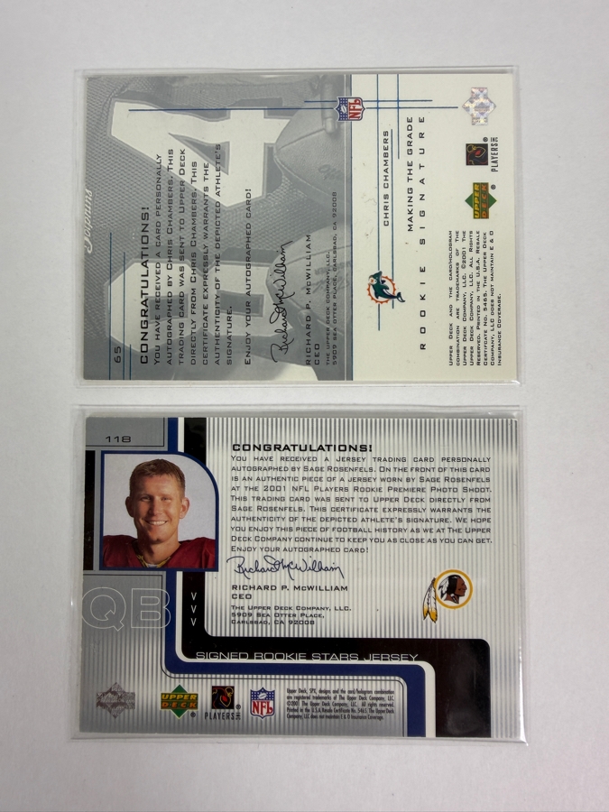 2001 Upper Deck UD Graded Chris Chambers Rookie Signature Limited Edition Trading Card and 2001 SPx Signed Rookie Stars Sage Rosenfels Limited Edition Jersey Autograph Card [Photo 4]