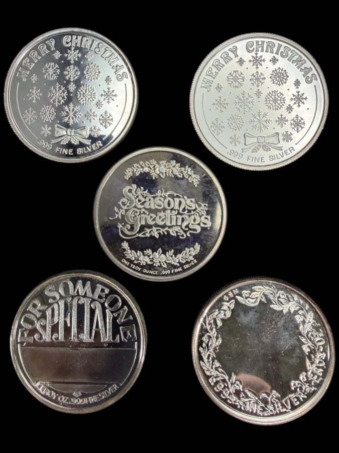 (5) 1 Troy Oz .999 Silver Merry Christmas Silver Rounds - 5 Troy Oz Total - $310 Silver Melt Value