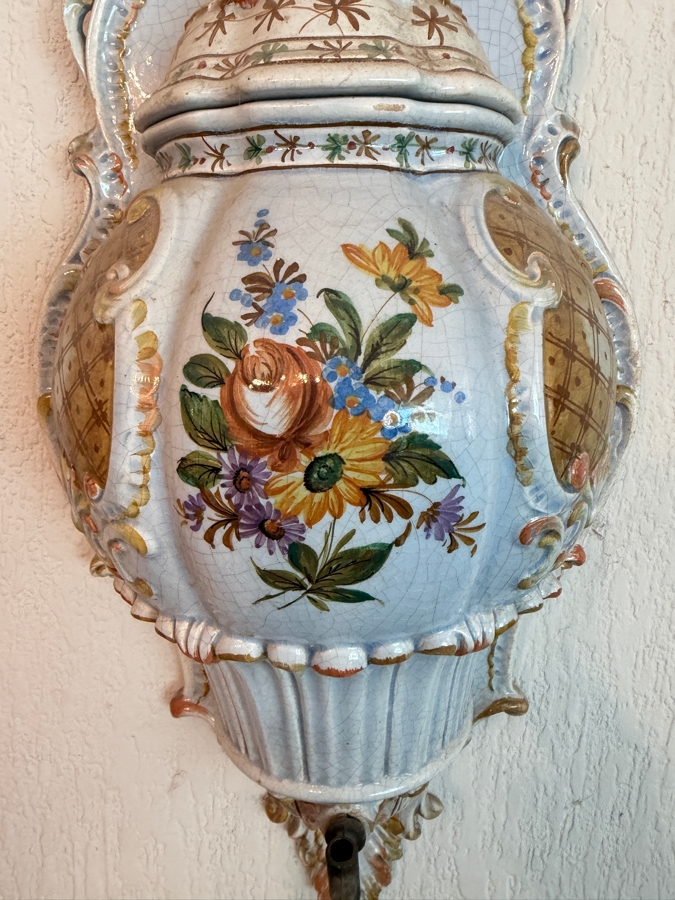 A.R.C. Italian Majolica Ceramic Hand Painted Floral Pattern Wall Fountain Lavabo Set Dated 1968 [Photo 4]