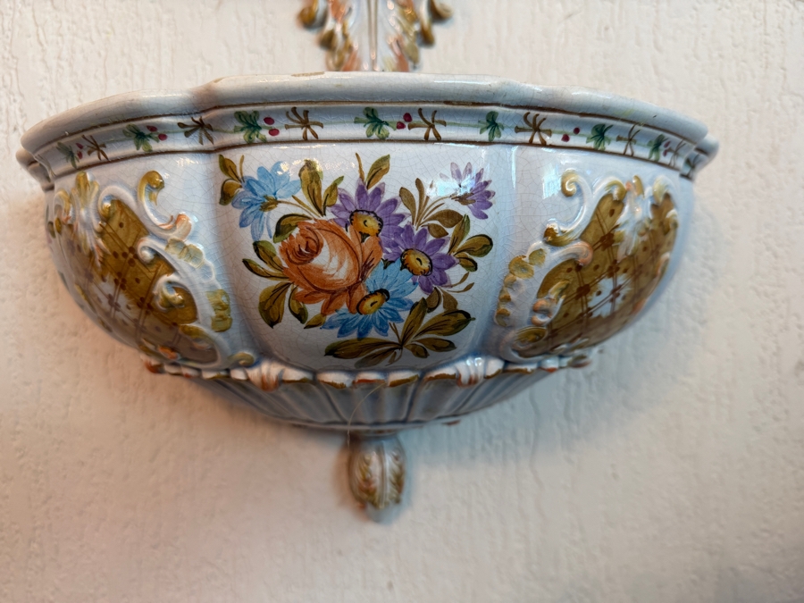 A.R.C. Italian Majolica Ceramic Hand Painted Floral Pattern Wall Fountain Lavabo Set Dated 1968 [Photo 2]