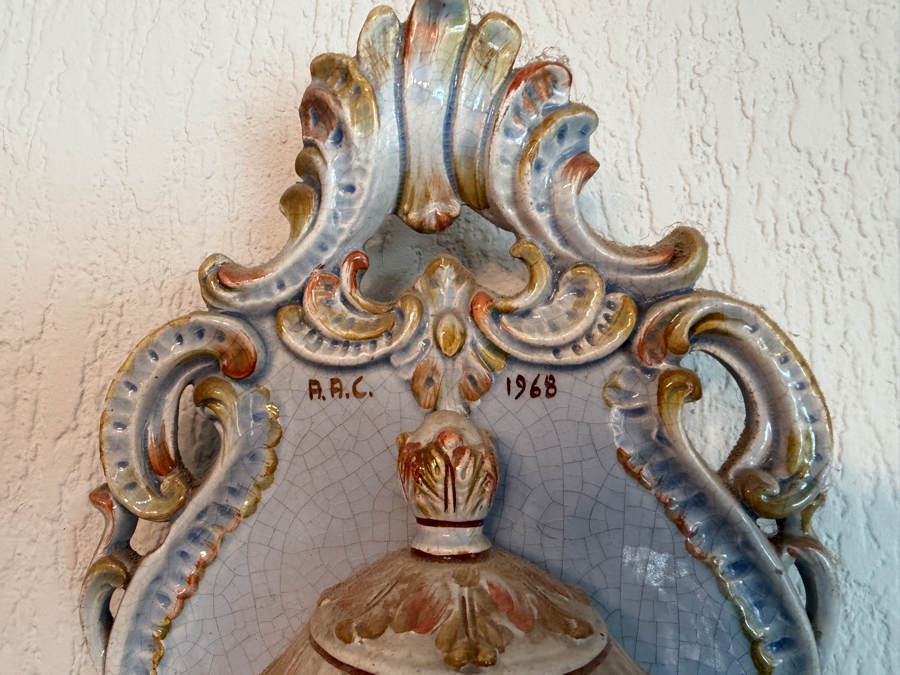 A.R.C. Italian Majolica Ceramic Hand Painted Floral Pattern Wall Fountain Lavabo Set Dated 1968 [Photo 5]