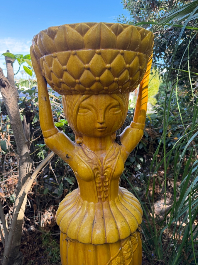 Vintage Mid Century Modern Italian Majolica Style Stylized Woman Carrying Basket Figural Ceramic Pedestal Garden Planter [Photo 4]