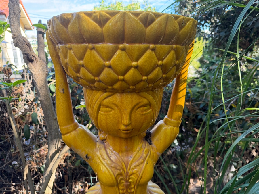 Vintage Mid Century Modern Italian Majolica Style Stylized Woman Carrying Basket Figural Ceramic Pedestal Garden Planter [Photo 3]