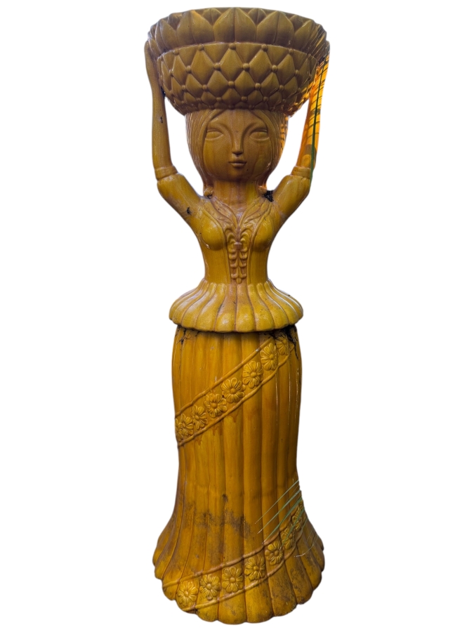 Vintage Mid Century Modern Italian Majolica Style Stylized Woman Carrying Basket Figural Ceramic Pedestal Garden Planter [Photo 2]