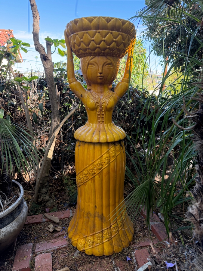 Vintage Mid Century Modern Italian Majolica Style Stylized Woman Carrying Basket Figural Ceramic Pedestal Garden Planter