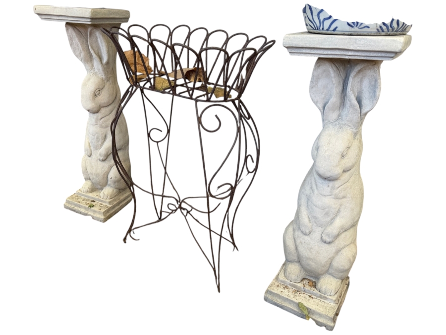 Pair Of Whimsical Cast Stone Standing Rabbit Figural Garden Pedestals [Photo 2]