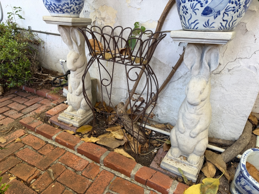 Pair Of Whimsical Cast Stone Standing Rabbit Figural Garden Pedestals
