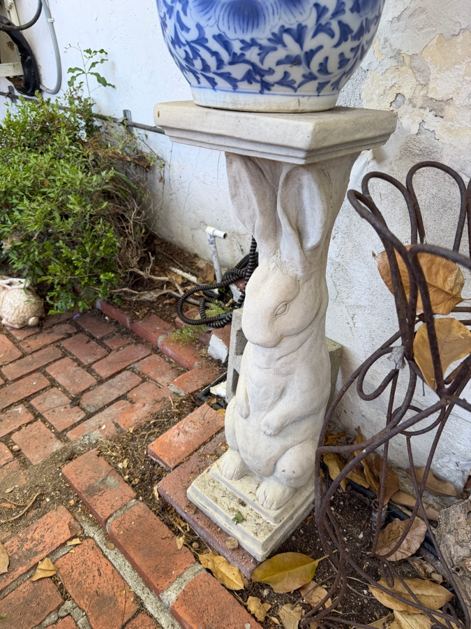 Pair Of Whimsical Cast Stone Standing Rabbit Figural Garden Pedestals [Photo 4]