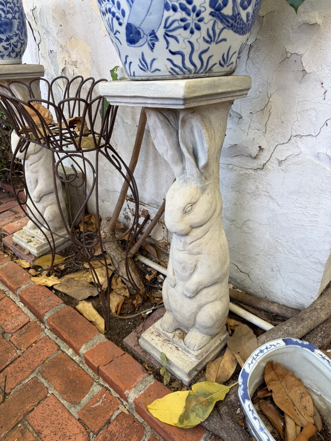 Pair Of Whimsical Cast Stone Standing Rabbit Figural Garden Pedestals [Photo 3]