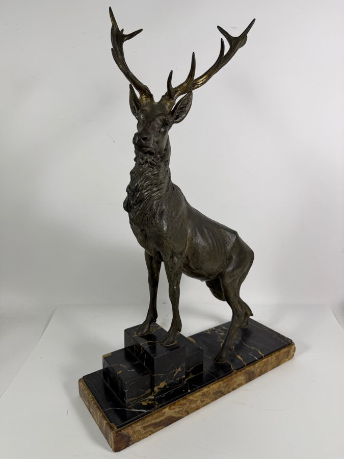 Louis Albert Carvin French Art Deco Patinated Metal Majestic Twelve Point Stag Sculpture Titled 'Hirsch (The Proud Stag)' On Stepped Portoro Marble Base 16W X 24.5H Estimate $300-$600 [Photo 7]