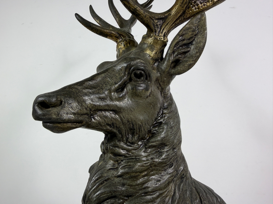 Louis Albert Carvin French Art Deco Patinated Metal Majestic Twelve Point Stag Sculpture Titled 'Hirsch (The Proud Stag)' On Stepped Portoro Marble Base 16W X 24.5H Estimate $300-$600 [Photo 2]