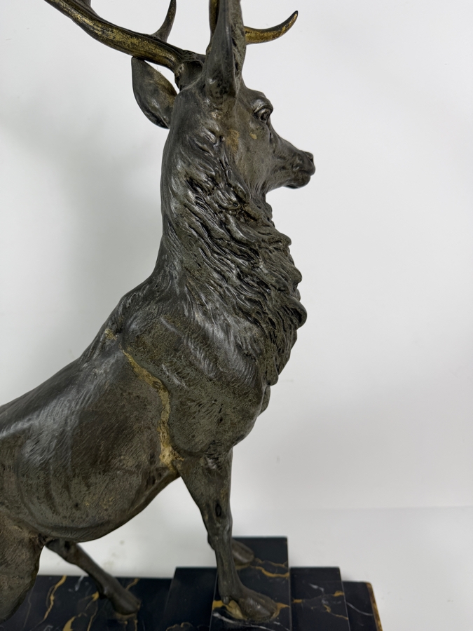 Louis Albert Carvin French Art Deco Patinated Metal Majestic Twelve Point Stag Sculpture Titled 'Hirsch (The Proud Stag)' On Stepped Portoro Marble Base 16W X 24.5H Estimate $300-$600 [Photo 10]