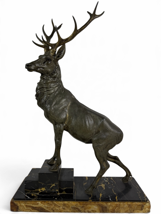 Louis Albert Carvin French Art Deco Patinated Metal Majestic Twelve Point Stag Sculpture Titled 'Hirsch (The Proud Stag)' On Stepped Portoro Marble Base 16W X 24.5H Estimate $300-$600