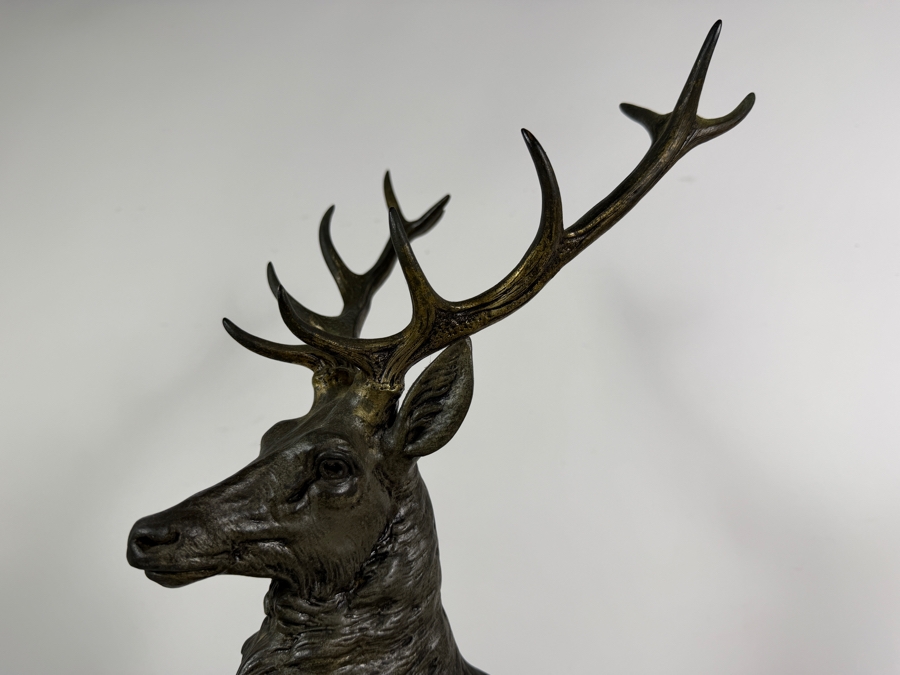 Louis Albert Carvin French Art Deco Patinated Metal Majestic Twelve Point Stag Sculpture Titled 'Hirsch (The Proud Stag)' On Stepped Portoro Marble Base 16W X 24.5H Estimate $300-$600 [Photo 3]