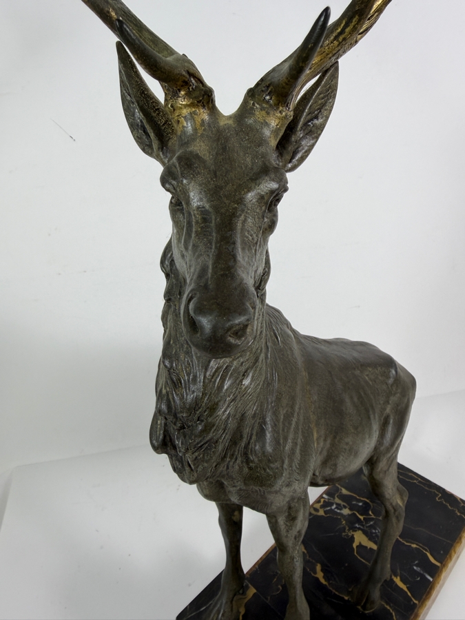 Louis Albert Carvin French Art Deco Patinated Metal Majestic Twelve Point Stag Sculpture Titled 'Hirsch (The Proud Stag)' On Stepped Portoro Marble Base 16W X 24.5H Estimate $300-$600 [Photo 8]