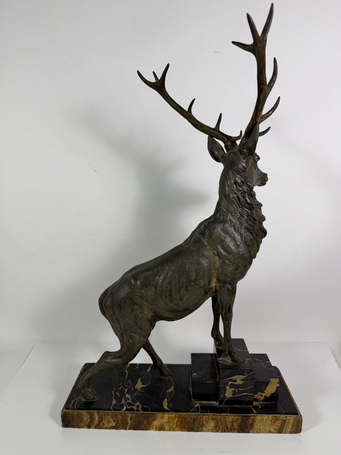 Louis Albert Carvin French Art Deco Patinated Metal Majestic Twelve Point Stag Sculpture Titled 'Hirsch (The Proud Stag)' On Stepped Portoro Marble Base 16W X 24.5H Estimate $300-$600 [Photo 9]