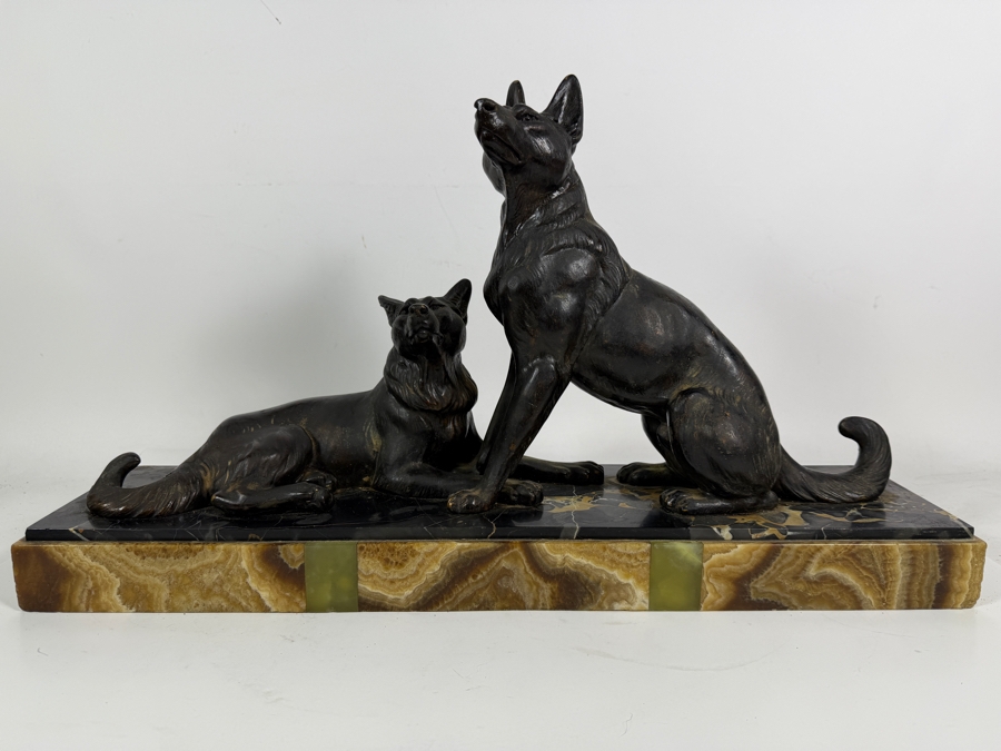 Louis Albert Carvin French Art Deco Patinated Spelter German Shepherd Sculpture On Variegated Marble Base 23.5W X 13.5H [Photo 2]