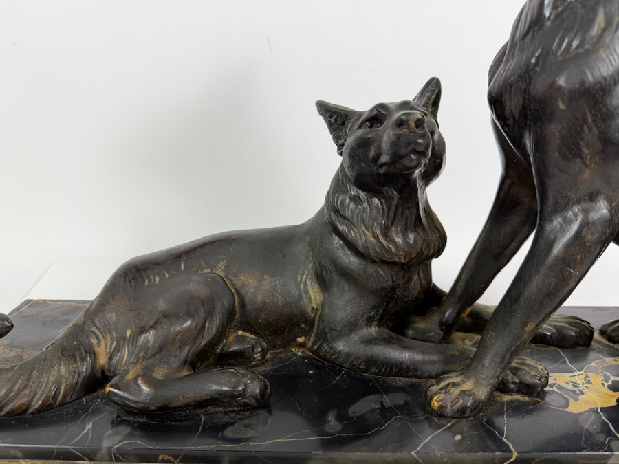 Louis Albert Carvin French Art Deco Patinated Spelter German Shepherd Sculpture On Variegated Marble Base 23.5W X 13.5H [Photo 4]