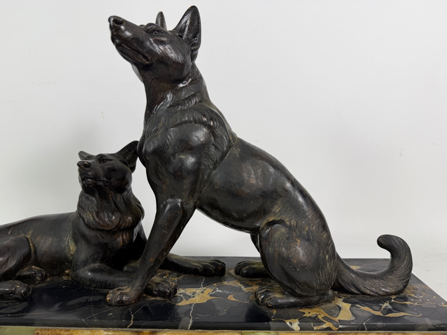 Louis Albert Carvin French Art Deco Patinated Spelter German Shepherd Sculpture On Variegated Marble Base 23.5W X 13.5H [Photo 3]