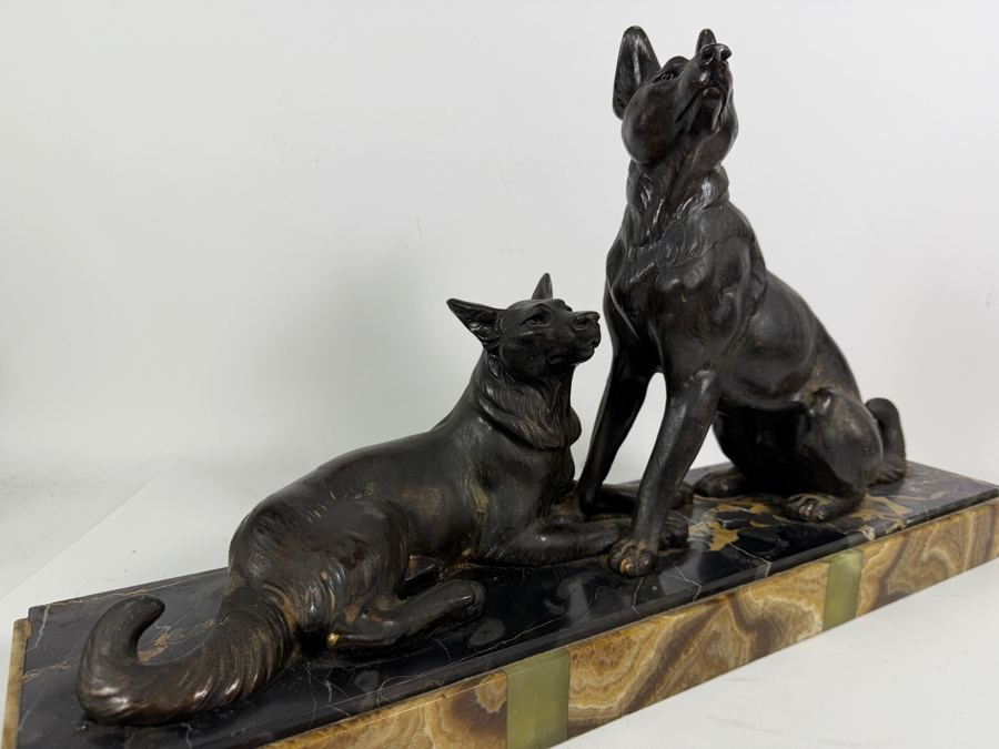 Louis Albert Carvin French Art Deco Patinated Spelter German Shepherd Sculpture On Variegated Marble Base 23.5W X 13.5H [Photo 8]