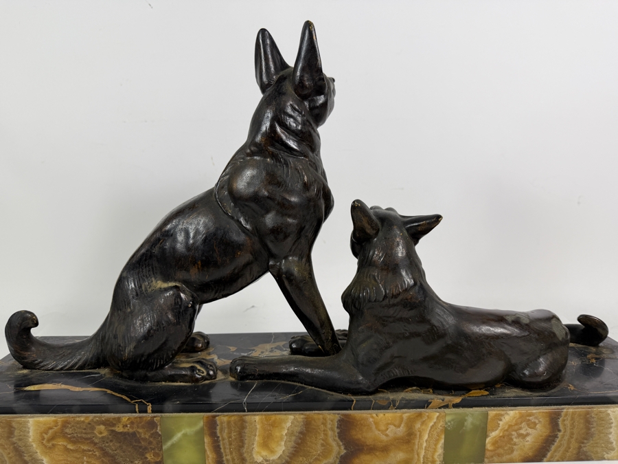 Louis Albert Carvin French Art Deco Patinated Spelter German Shepherd Sculpture On Variegated Marble Base 23.5W X 13.5H [Photo 10]