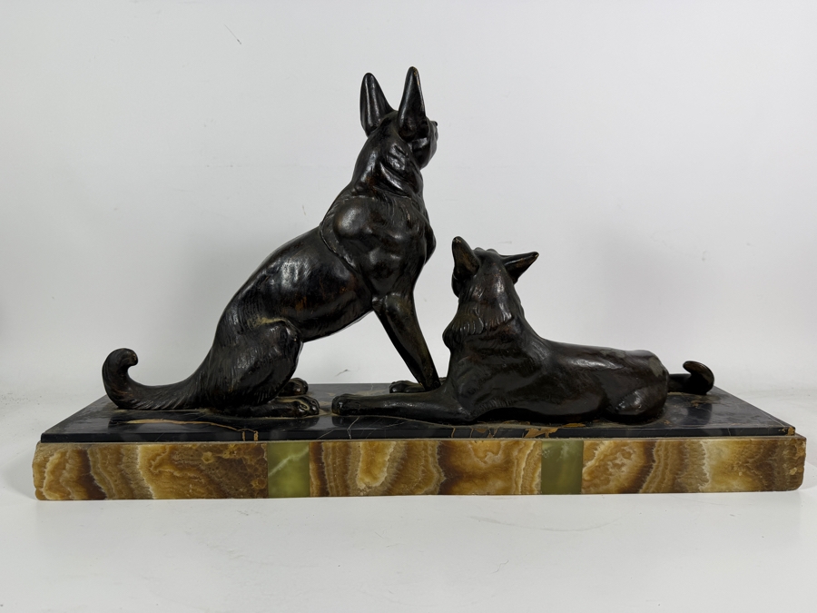 Louis Albert Carvin French Art Deco Patinated Spelter German Shepherd Sculpture On Variegated Marble Base 23.5W X 13.5H [Photo 9]
