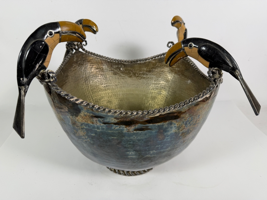Emilia Castillo Silver Plate Toucan Centerpiece Bowl With Mosaic Inlay 14W X 12H Estimate: $1,500–$2,000 [Photo 4]