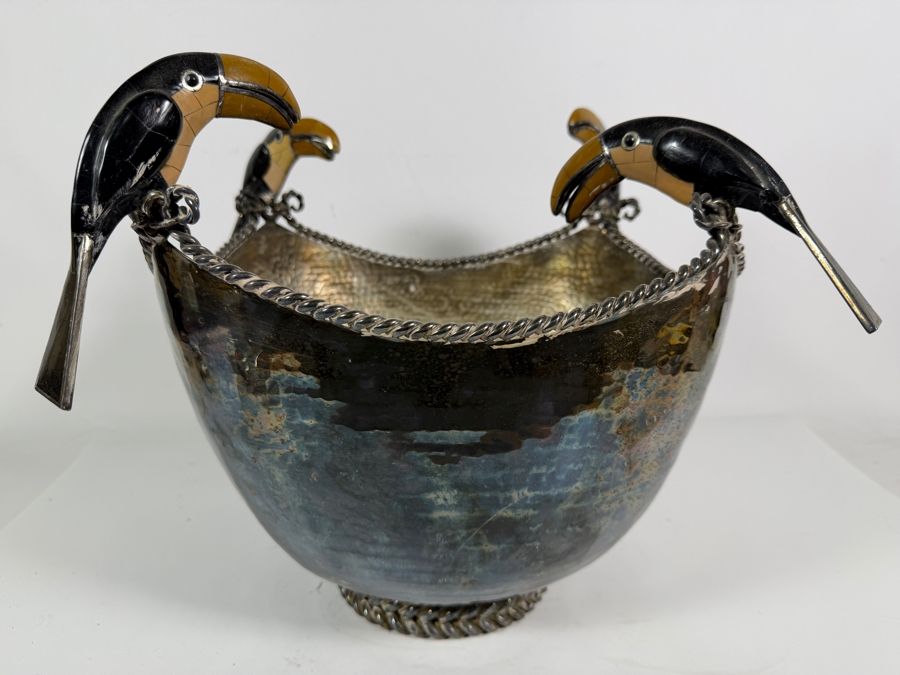 Emilia Castillo Silver Plate Toucan Centerpiece Bowl With Mosaic Inlay 14W X 12H Estimate: $1,500–$2,000 [Photo 5]