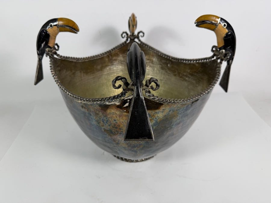 Emilia Castillo Silver Plate Toucan Centerpiece Bowl With Mosaic Inlay 14W X 12H Estimate: $1,500–$2,000 [Photo 2]