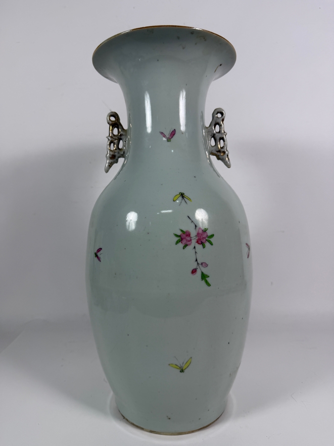 Chinese Republic Period Famille Rose Porcelain Birds And Blossoms Baluster Vase With Stylized Dragon Handles 16.5H [Photo 7]