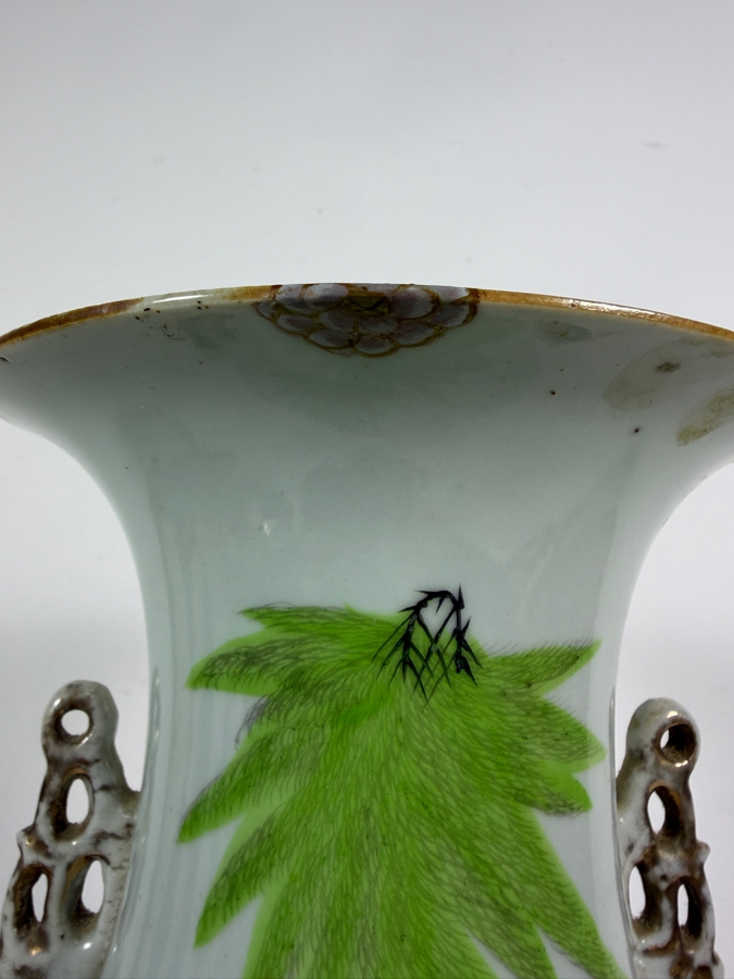 Chinese Republic Period Famille Rose Porcelain Birds And Blossoms Baluster Vase With Stylized Dragon Handles 16.5H [Photo 5]