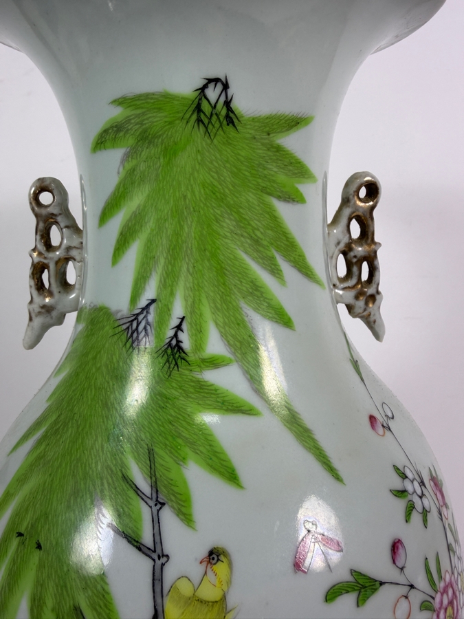 Chinese Republic Period Famille Rose Porcelain Birds And Blossoms Baluster Vase With Stylized Dragon Handles 16.5H [Photo 4]