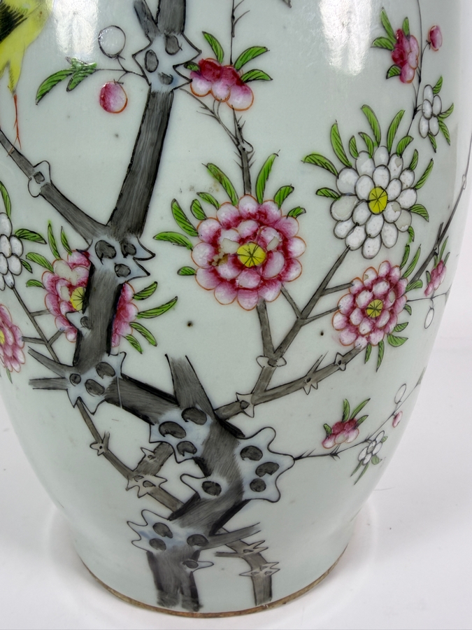 Chinese Republic Period Famille Rose Porcelain Birds And Blossoms Baluster Vase With Stylized Dragon Handles 16.5H [Photo 2]