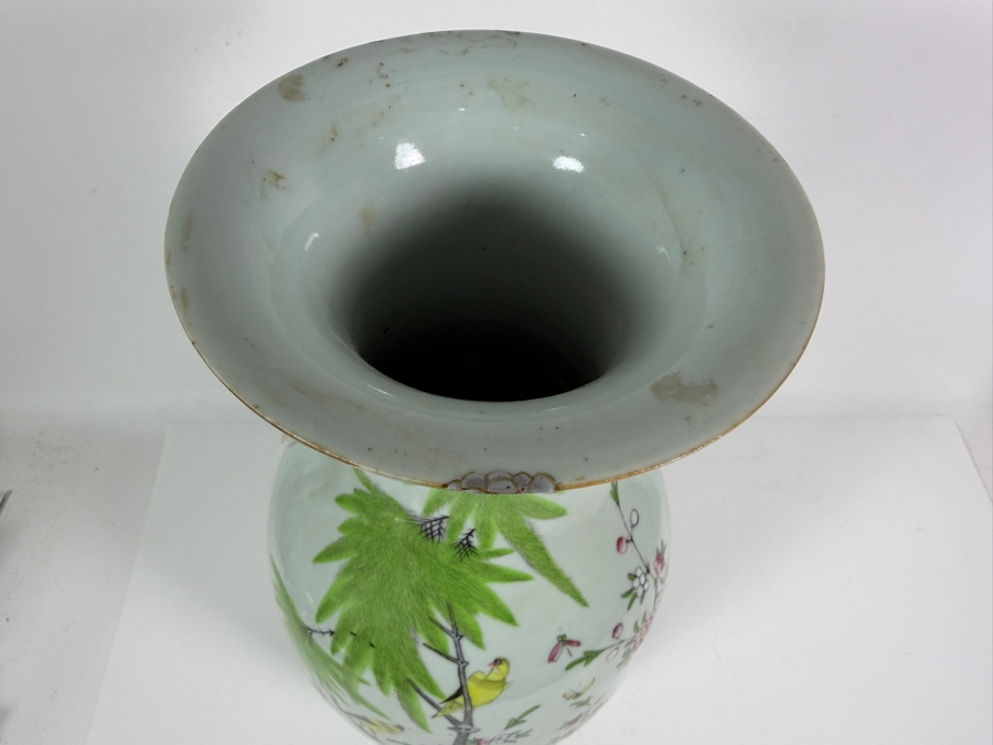 Chinese Republic Period Famille Rose Porcelain Birds And Blossoms Baluster Vase With Stylized Dragon Handles 16.5H [Photo 6]