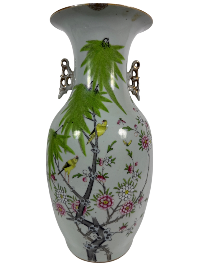 Chinese Republic Period Famille Rose Porcelain Birds And Blossoms Baluster Vase With Stylized Dragon Handles 16.5H
