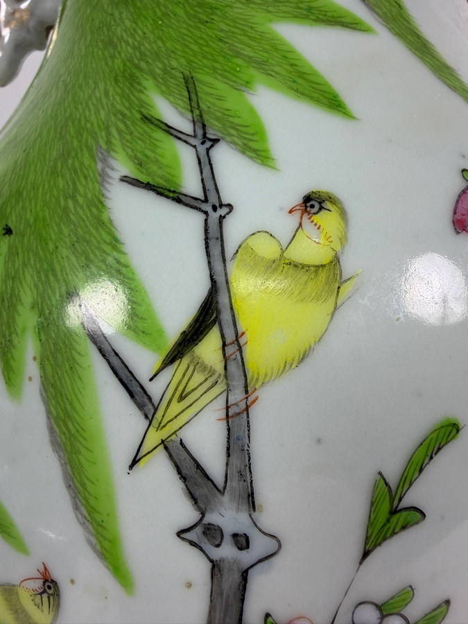 Chinese Republic Period Famille Rose Porcelain Birds And Blossoms Baluster Vase With Stylized Dragon Handles 16.5H [Photo 3]