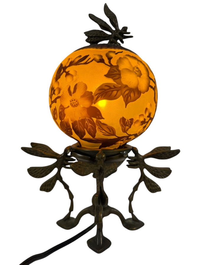 Art Nouveau Style Cameo Art Glass Spherical Boudoir Lamp Featuring Acid Etched Camellia Blossoms On Patinated Bronze Dragonfly Tripod Base 13.5H - Working But Cord Should Be Repaired (Has Exposed Wires)
