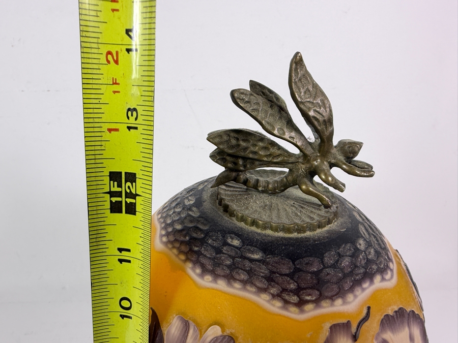 Art Nouveau Style Cameo Art Glass Spherical Boudoir Lamp Featuring Acid Etched Camellia Blossoms On Patinated Bronze Dragonfly Tripod Base 13.5H - Working But Cord Should Be Repaired (Has Exposed Wires) [Photo 8]