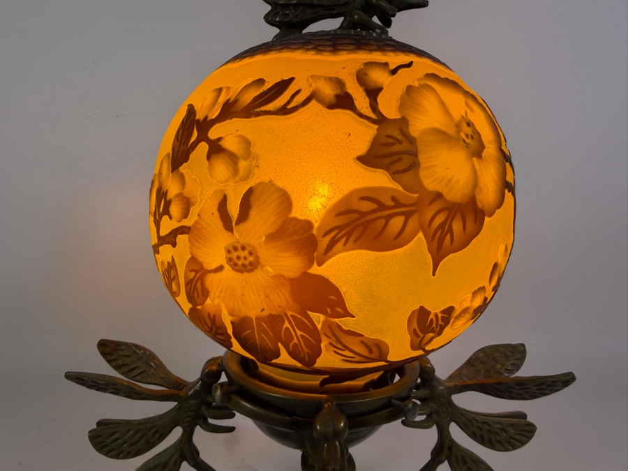 Art Nouveau Style Cameo Art Glass Spherical Boudoir Lamp Featuring Acid Etched Camellia Blossoms On Patinated Bronze Dragonfly Tripod Base 13.5H - Working But Cord Should Be Repaired (Has Exposed Wires) [Photo 2]